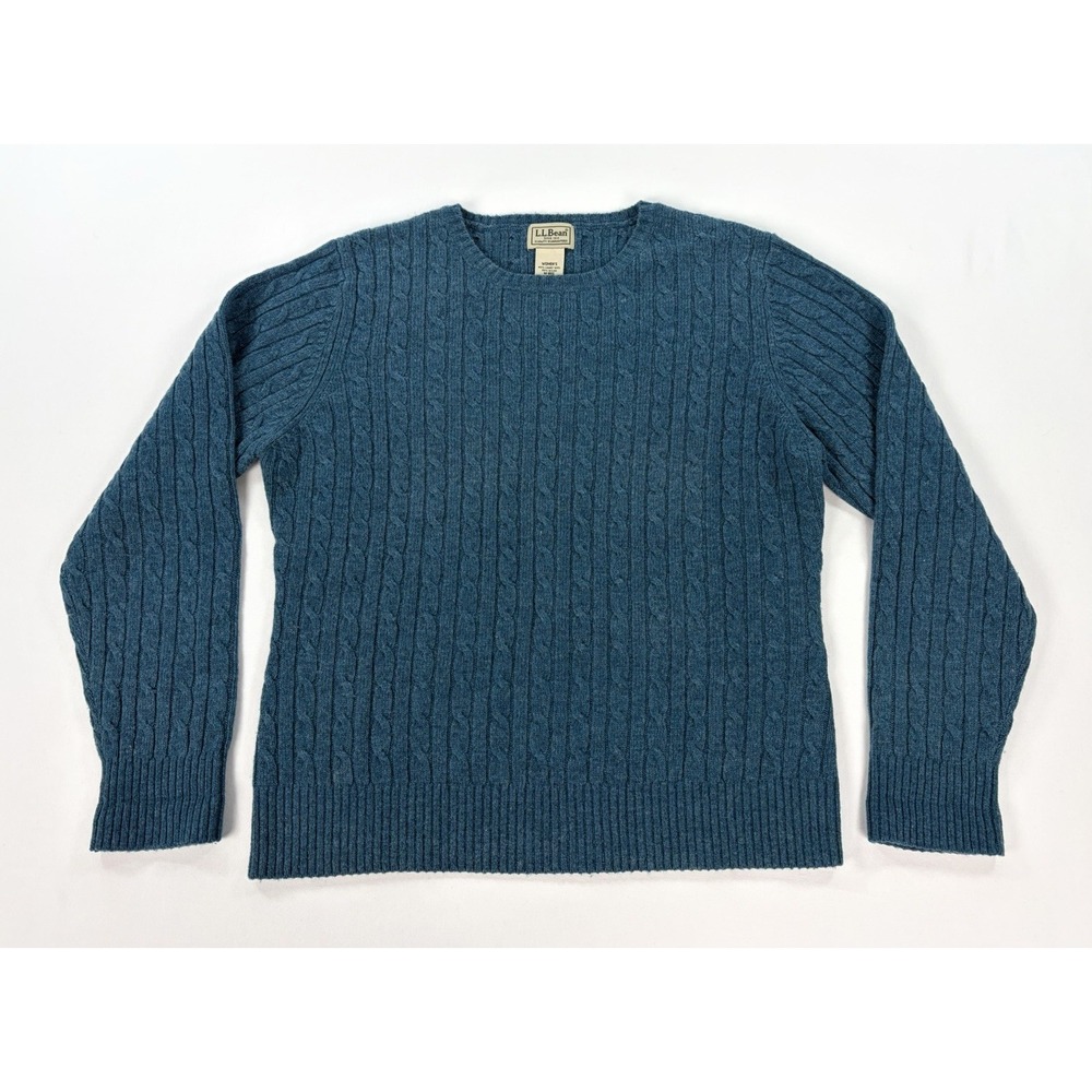 Vintage L.L. Bean Sweater Women's M Teal Blue Cable Knit Lambs' Wool Crewneck